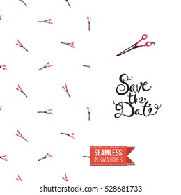 Greeting card for promotion beauty salon. Seamless pattern with hair dressing tools on one side. On another inscription: save the date. Vector template.