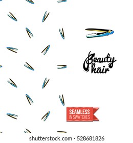 Greeting card for promotion beauty salon. Seamless pattern with hair dressing tools on one side. On another inscription: beauty hair. Vector template.