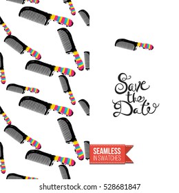 Greeting card for promotion beauty salon. Seamless pattern with hair dressing tools on one side. On another inscription: save the date. Vector template.