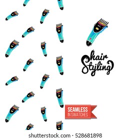 Greeting card for promotion beauty salon. Seamless pattern with hair dressing tools on one side. On another inscription: hair styling. Vector template.
