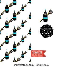 Greeting card for promotion beauty salon. Seamless pattern with hair dressing tools on one side. On another inscription: hairdressing salon. Vector template.