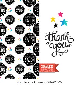 Greeting card for promotion beauty salon. Seamless pattern with colored stars on one side. On another inscription: thank you. Vector template.