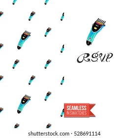 Greeting card for promotion beauty salon. Seamless pattern with hair dressing tools on one side. On another inscription: rsvp. Vector template.
