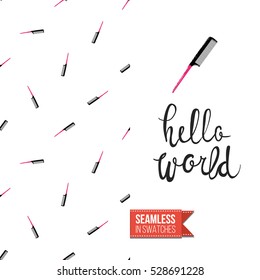 Greeting card for promotion beauty salon. Seamless pattern with hair dressing tools on one side. On another inscription: hello world. Vector template.