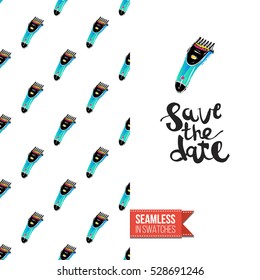 Greeting card for promotion beauty salon. Seamless pattern with hair dressing tools on one side. On another inscription: save the date. Vector template.