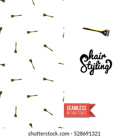 Greeting card for promotion beauty salon. Seamless pattern with hair dressing tools on one side. On another inscription: hair styling. Vector template.