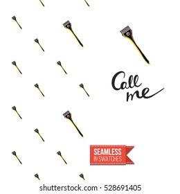 Greeting card for promotion beauty salon. Seamless pattern with hair dressing tools on one side. On another inscription: call me. Vector template.