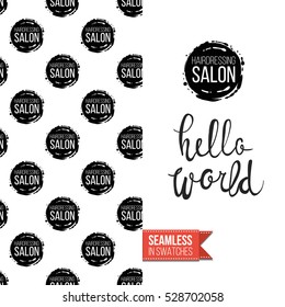 Greeting card for promotion beauty salon. Seamless pattern on one side. On another inscription: hello world. Vector template.