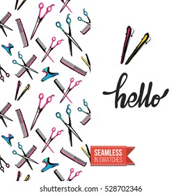 Greeting card for promotion beauty salon. Seamless pattern with hair dressing tools on one side. On another inscription: hello. Vector template.