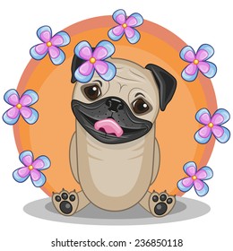 Greeting card Pug Dog with flowers 