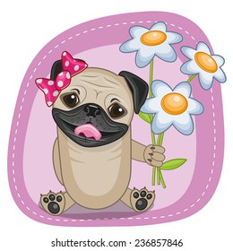 Greeting card Pug Dog with flowers 