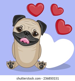 Greeting card Pug Dog with hearts 