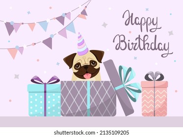 A greeting card with a pug. Happy Birthday. Cartoon design.
