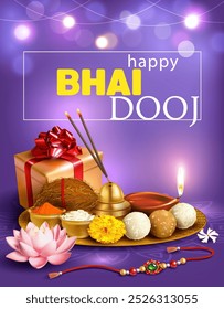 Greeting card with puja thali (tray), sweets (laddu) and gift for Bhai Dooj (Yama Dwitiya) – Indian festival of brothers and sisters (Diwali season). Vector.