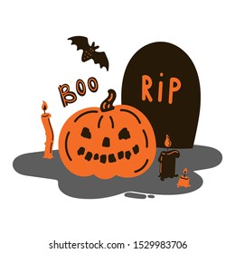 Greeting card with pumpkin on a grave and a tombstone with candles and bat.Halloween party invitations with handwritten calligraphy.Boo text.Flat design.Vector.Poster or sticker 