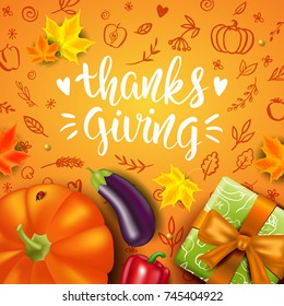 Greeting card with pumpkin, vegetables and Maple Leaves. Handwritten modern calligraphy inscription Thanksgiving. Hand drawn doodles. Orange background. Vector illustration. Brush lettering.