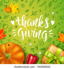 Greeting card with pumpkin, vegetables and Maple Leaves. Handwritten modern calligraphy inscription Thanksgiving. Hand drawn doodles. Green background. Vector illustration. Brush lettering.