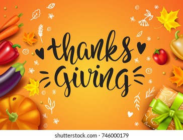 Greeting card with pumpkin, vegetables and Maple Leaves. Handwritten modern calligraphy inscription Thanksgiving. Hand drawn doodles. Orange background. Vector illustration. Brush lettering.