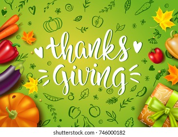 Greeting card with pumpkin, vegetables and Maple Leaves. Handwritten modern calligraphy inscription Thanksgiving. Hand drawn doodles. Green background. Vector illustration. Brush lettering.