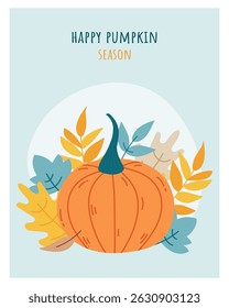 Greeting card with pumpkins, leaves and lettering