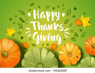 Greeting card with pumpkins and Maple Leaves. Handwritten modern calligraphy inscription Happy Thanksgiving. Hand drawn doodles. Green background. Vector illustration. Brush lettering.
