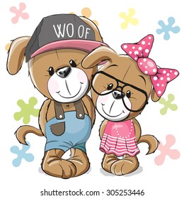 Greeting card Puppy boy Puppy girl on a flowers background
