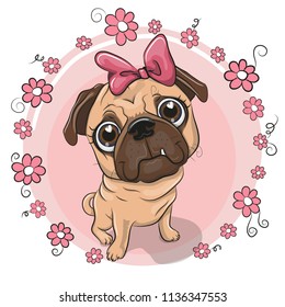 Greeting card puppy girl with flowers on a pink background