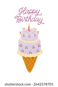 Greeting card with purple cake ice cream cone, cherries, bows, candle and Happy Birthday lettering. Korean bakery trend. Vector isolated design for stickers, packaging and printables