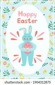 Greeting card with rabbit and floral pattern . Easter concept. Flat vector illustration