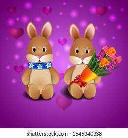 Greeting card with rabbits in love, bouquet on a pink background with hearts