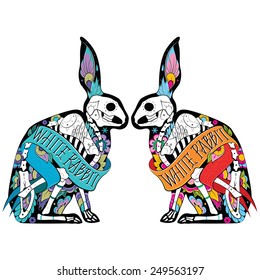 Greeting card with rabbits, skeletons with floral patterns. Colorful rabbits. Vector illustration