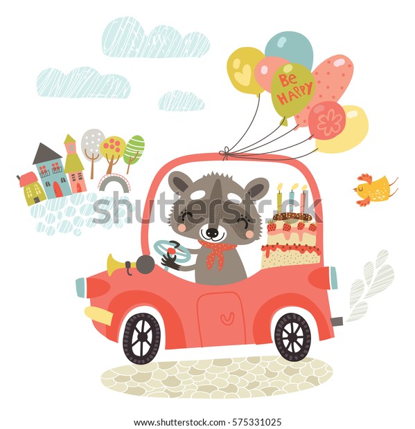 Greeting\
card. Raccoon in a car with a cake and\
gifts.