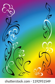 greeting card with rainbow background and stylized flowers in black and white lines