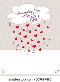 Greeting card with raining hearts, musical notes and cloud, pale background with copy space, Vector illustration