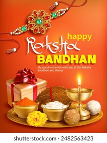 Tarjeta de felicitación con rakhi (pulsera), regalo y puja thali (bandeja) para Raksha Bandhan (Vínculo de protección y cuidado) - Festival indio de hermanas y hermanos. Vector.