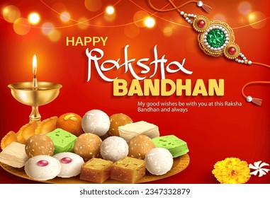 Greeting card with rakhi (bracelet) and traditional sweets (laddu, barfi) for Raksha Bandhan (Bond of protection and care) – Indian festival of sisters and brothers. Vector.