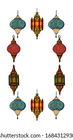 Greeting card for Ramadan with colored lanterns. Cartoon style. Stock illustration. White background, isolate.