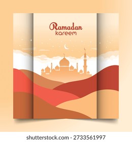 A greeting card for Ramadan featuring a mosque silhouette with domes and minarets, layered hills in warm red and orange tones, and a crescent moon in the sky