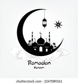 Greeting card Ramadan Kareem in black and white design using the main symbols: mosque, crescent, star, lantern.
Vector isolated drawing. Simple and minimalistic design.