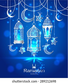 Greeting Card Ramadan Kareem design with lamps and moons.