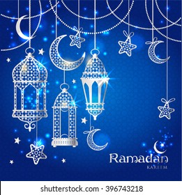 Greeting Card Ramadan Kareem design with lamps and moons.