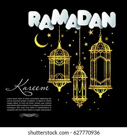 Greeting Card Ramadan Kareem design with lamps and moons. 