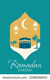 Greeting card Ramadan Kareem with Islamic window in boho style and modern design. Frame with arabic muslim landscape for Ramadan Kareem and Ied Mubarak.