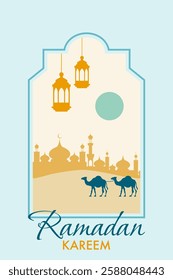 Greeting card Ramadan Kareem with Islamic window in boho style and modern design. Frame with arabic muslim landscape for Ramadan Kareem and Ied Mubarak.