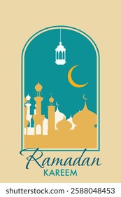 Greeting card Ramadan Kareem with Islamic window in boho style and modern design. Frame with arabic muslim landscape for Ramadan Kareem and Ied Mubarak.