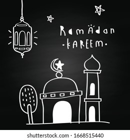 greeting card ramadan kareem with mosque and lampion cartoon illustration, chalkboard background, ramadan kareem is mean happy fasting