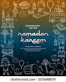 greeting card ramadan kareem, vector illustration of moslem, line art with sky background