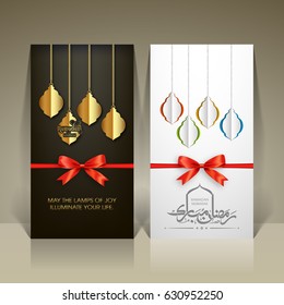 Greeting card of Ramadan Mubarak with Arabic calligraphy and lamps for the celebration of Muslim community festival.