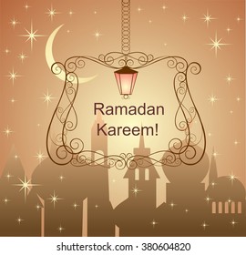 Greeting card for Ramadan with night sky, crescent and hanging frame