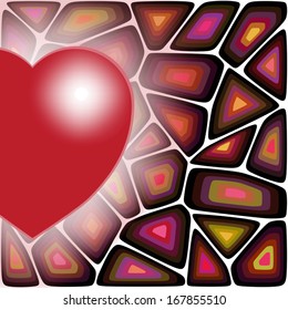 Greeting card with random geometric shape background and heart. Template frame design for card. Can be used for packaging, invitations, holidays decoration, mass print production. 